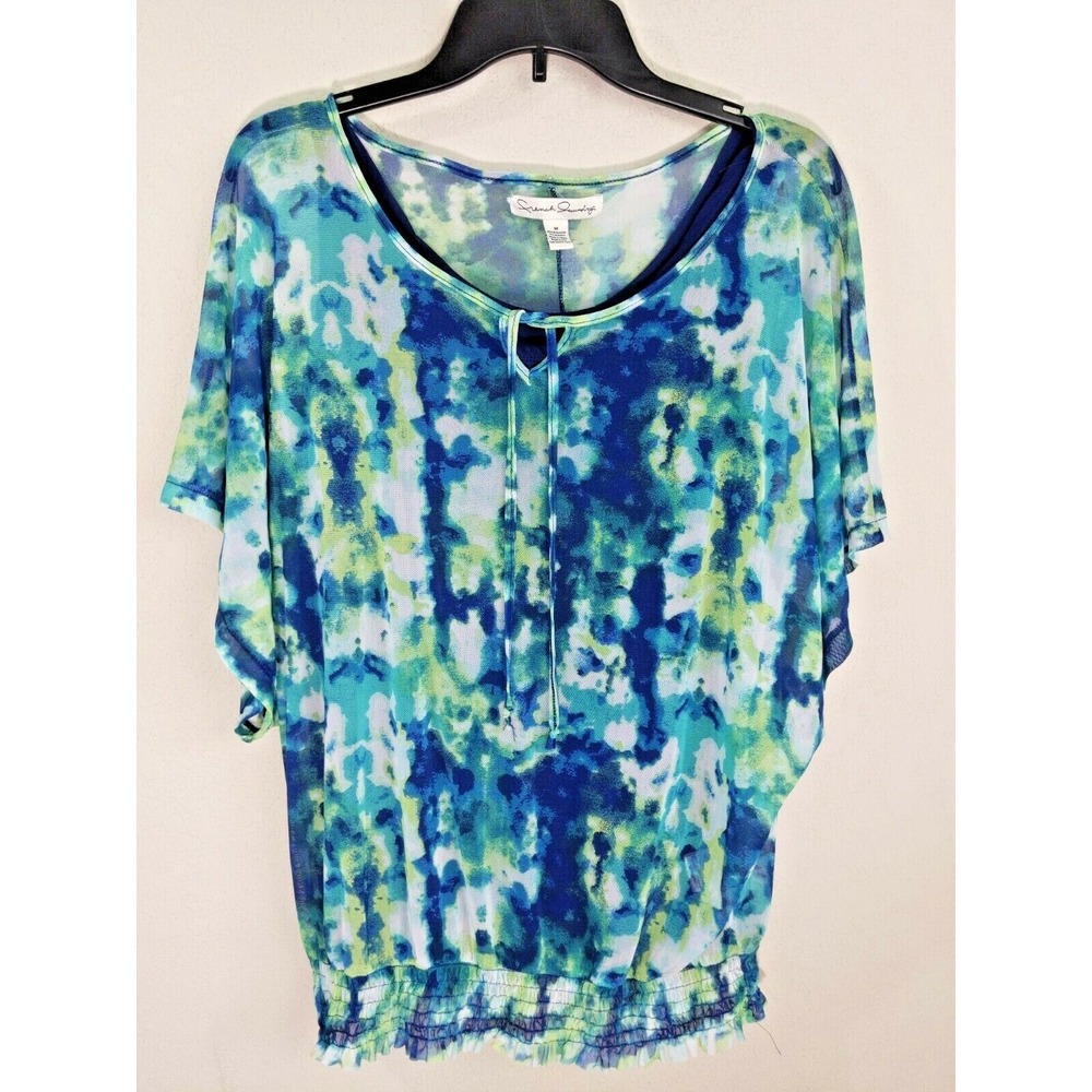 French Laundry Teal Blue Green Mesh Peasant Blouse Attached Tank Short Sleeve M